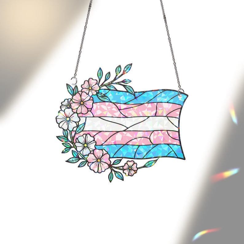 Trans Pride Acrylic Window Hanging Floral Transgender Flag Suncatcher, LGBTQ+ Window Decor, Inclusive Pride Gift for Home