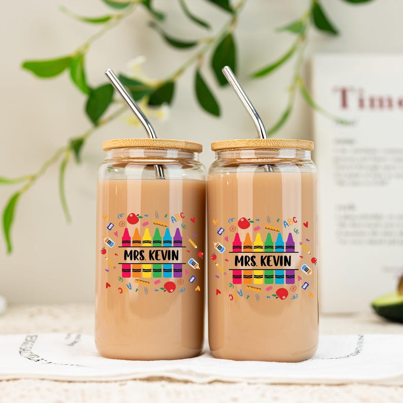 Personalized Teacher Glass Tumbler,Custom Teacher Gift for Her,Teacher Iced Coffee Cups with Crayon Design,Teacher Appreciation Gifts
