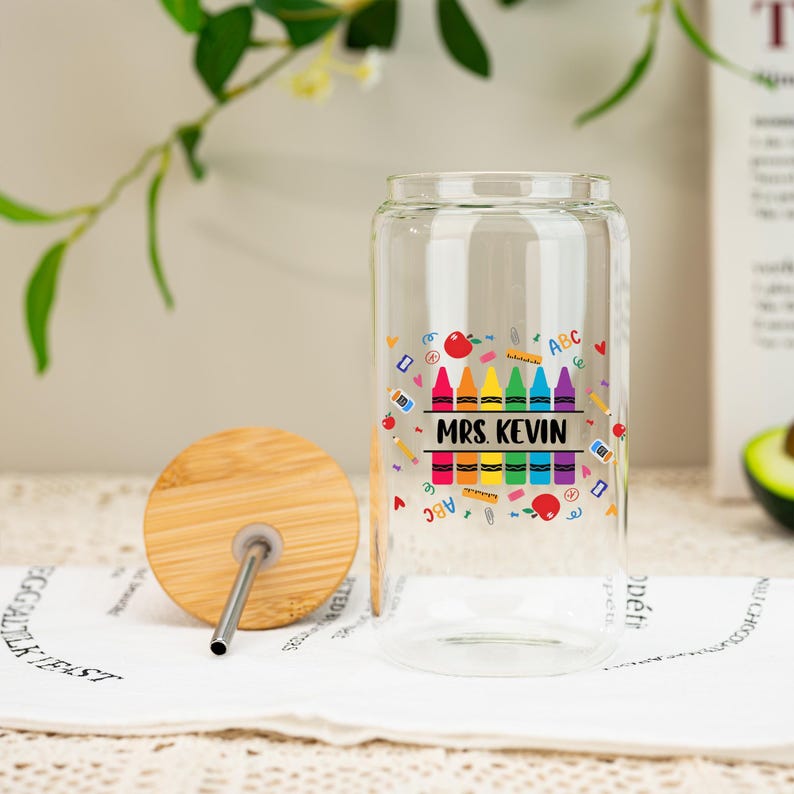 Personalized Teacher Glass Tumbler,Custom Teacher Gift for Her,Teacher Iced Coffee Cups with Crayon Design,Teacher Appreciation Gifts