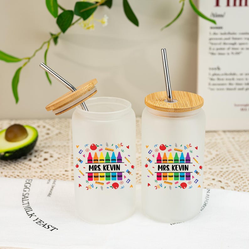 Personalized Teacher Glass Tumbler,Custom Teacher Gift for Her,Teacher Iced Coffee Cups with Crayon Design,Teacher Appreciation Gifts