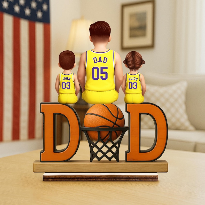 Basketball Dad Family Sitting Back View Personalized Standing Wooden Plaque, Father's Day Gifts for Sport Dad, Grandpa, Gifts For Husband