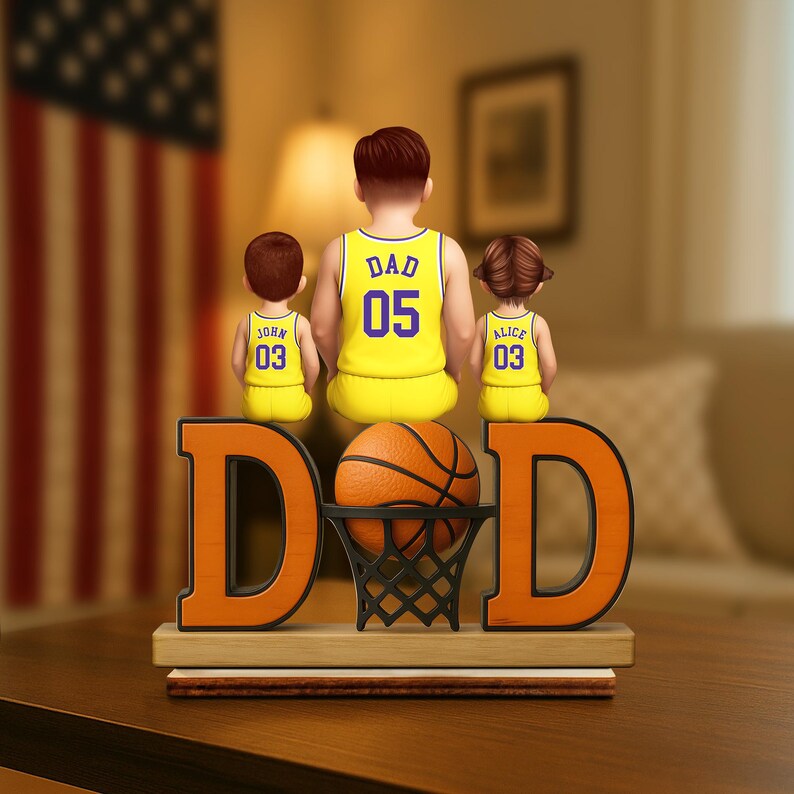 Basketball Dad Family Sitting Back View Personalized Standing Wooden Plaque, Father's Day Gifts for Sport Dad, Grandpa, Gifts For Husband