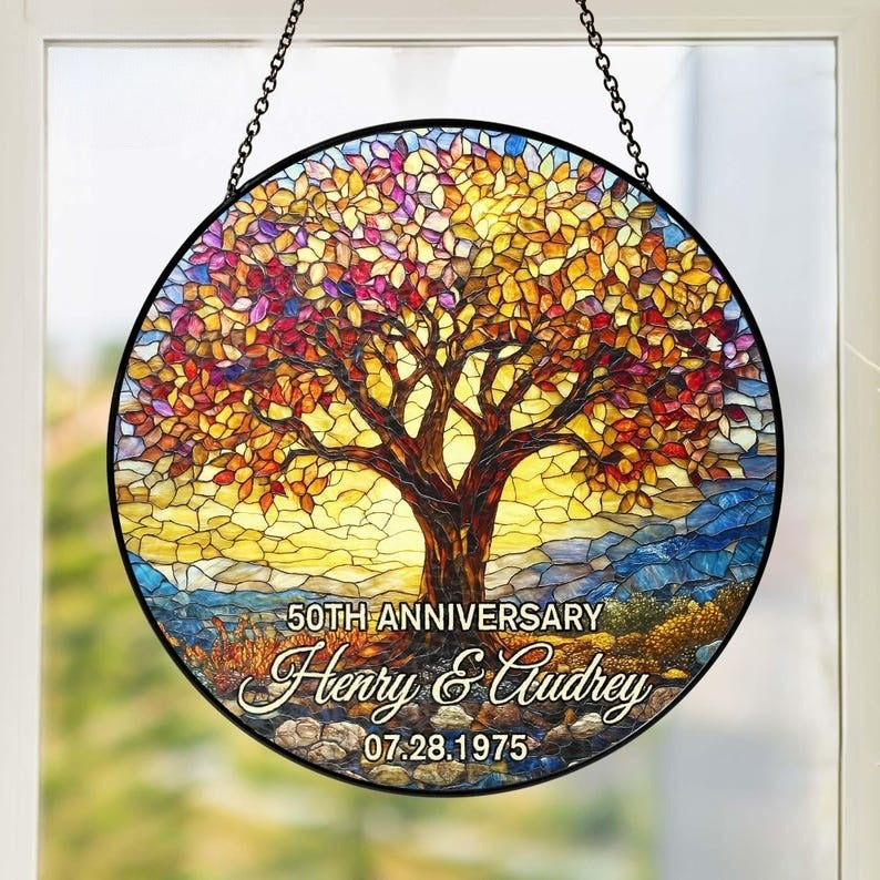 Personalized Tree of Life 50th Anniversary Gift, Tree of Life Glass Suncatcher, Golden Anniversary Suncatcher, Anniversary Gift For Parents