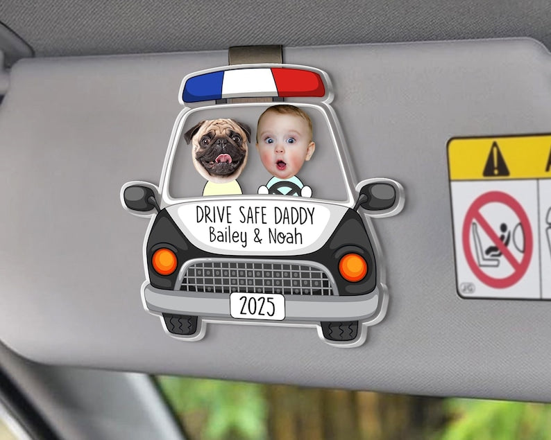 Father's Day Gift for Police Officer, Custom Photo Dad Car Visor Clip, Dad Sun Visor Clip, Drive Safe Daddy, Police Officer Picture Frame