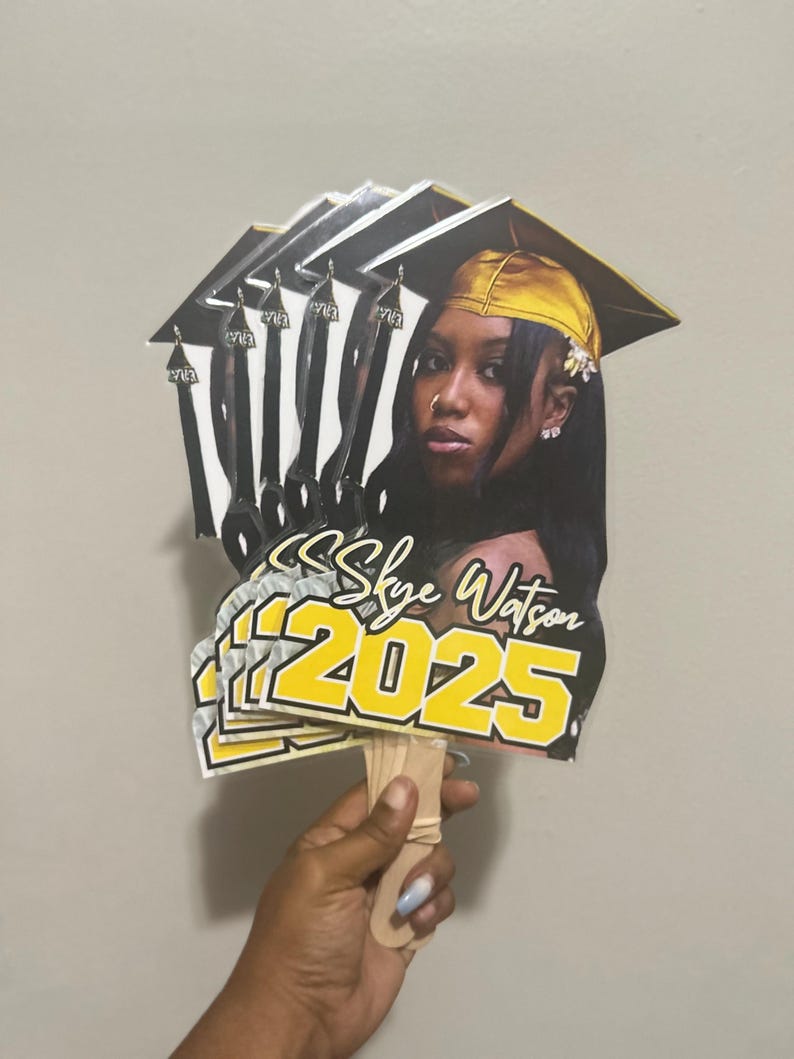 Personalized Graduation Face Fans Class of 2025 | Custom Head Cutouts with Wooden Handles | Grad Party Big Head Props Face on a Stick Fans