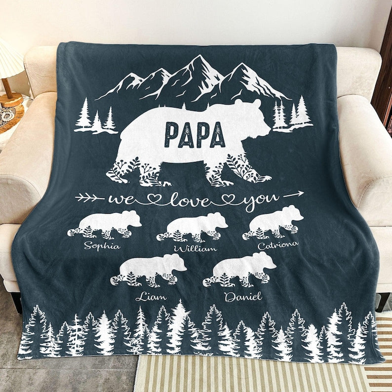 Papa Bear With Kids Name We Love You Gift For Dad, Grandpa, Personalized Blanket, Custom Father's Day Gift, Gift for Dad, New Grandpa Gift