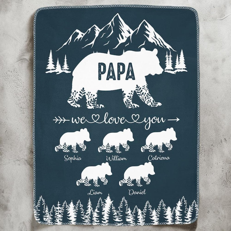 Papa Bear With Kids Name We Love You Gift For Dad, Grandpa, Personalized Blanket, Custom Father's Day Gift, Gift for Dad, New Grandpa Gift