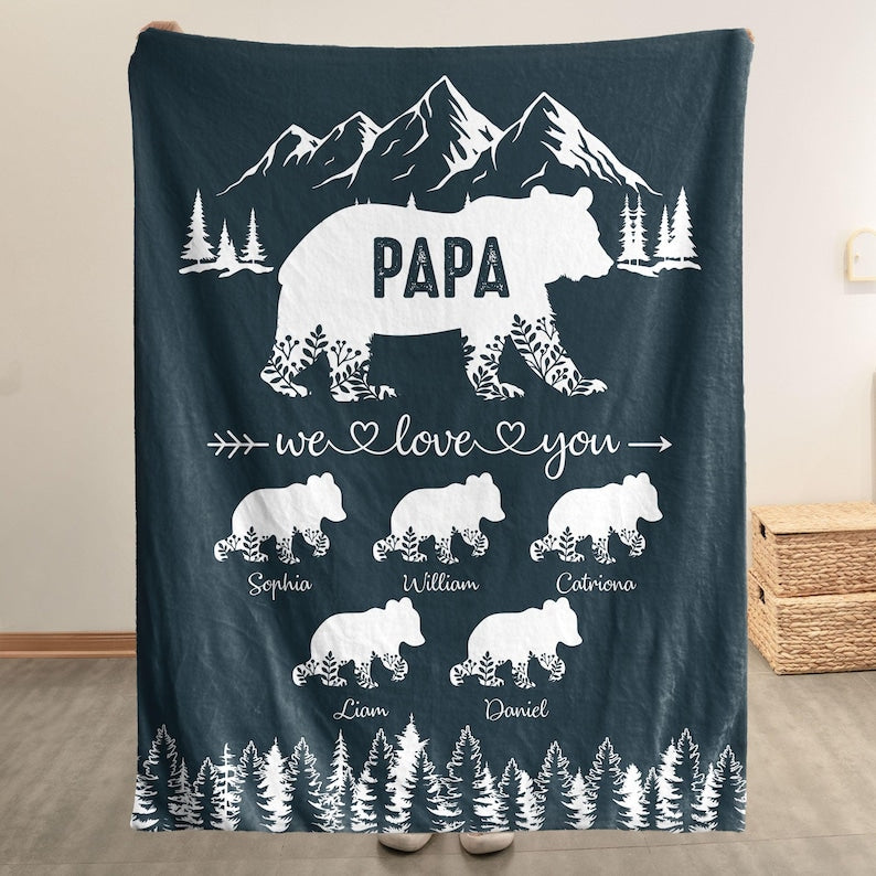 Papa Bear With Kids Name We Love You Gift For Dad, Grandpa, Personalized Blanket, Custom Father's Day Gift, Gift for Dad, New Grandpa Gift