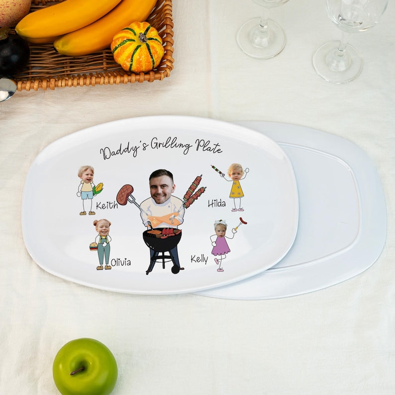 Personalized Face Grilling Platter, Daddy's Grilling Plate with Kid's Names, BBQ Platter, 2025 Fathers Day Gift, Funny Gift for Papa Grandpa