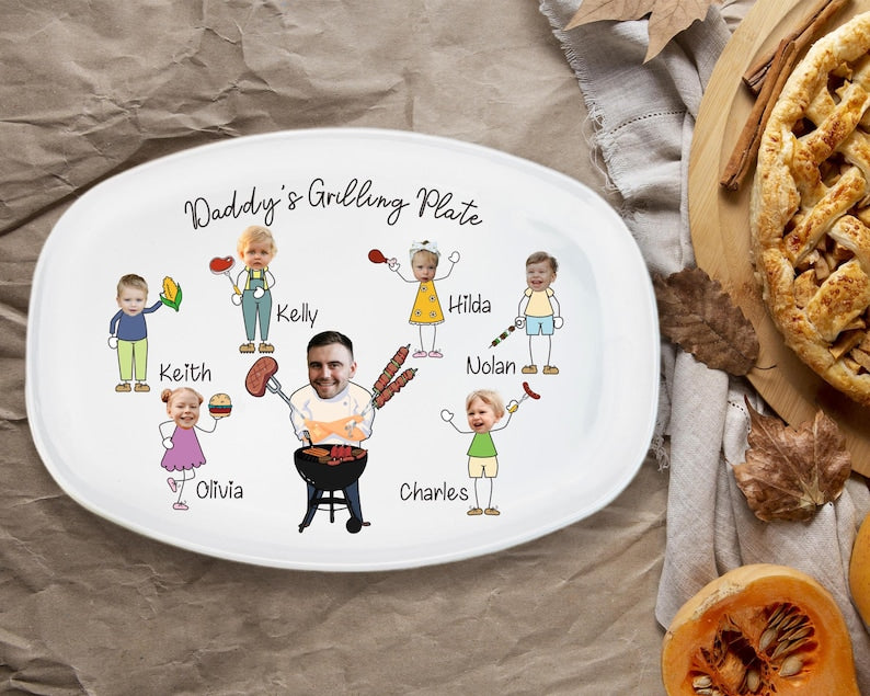 Personalized Face Grilling Platter, Daddy's Grilling Plate with Kid's Names, BBQ Platter, 2025 Fathers Day Gift, Funny Gift for Papa Grandpa