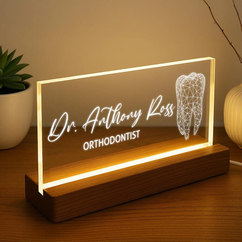 Orthodontist Custom Acrylic LED Sign with Name, Dentist Office Desk Name Plate, Tooth Line Art Dentist Graduation Gift, Gifts for Dentist