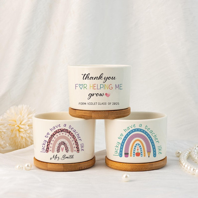 Thank You For Helping Me Grow Flower Pot, Custom Plant Pot for Teacher, Rainbow Ceramic Flower Planter Pot, Succulent Planter,Thank You Gift