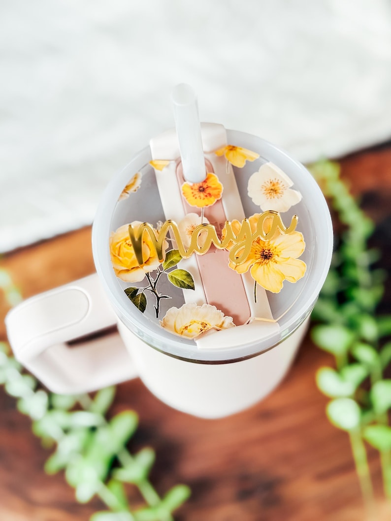Pressed Flowers Stanley Tumbler Topper | Custom Stanley Tumbler Name Plate | Stanley Tumbler Topper Name Tag