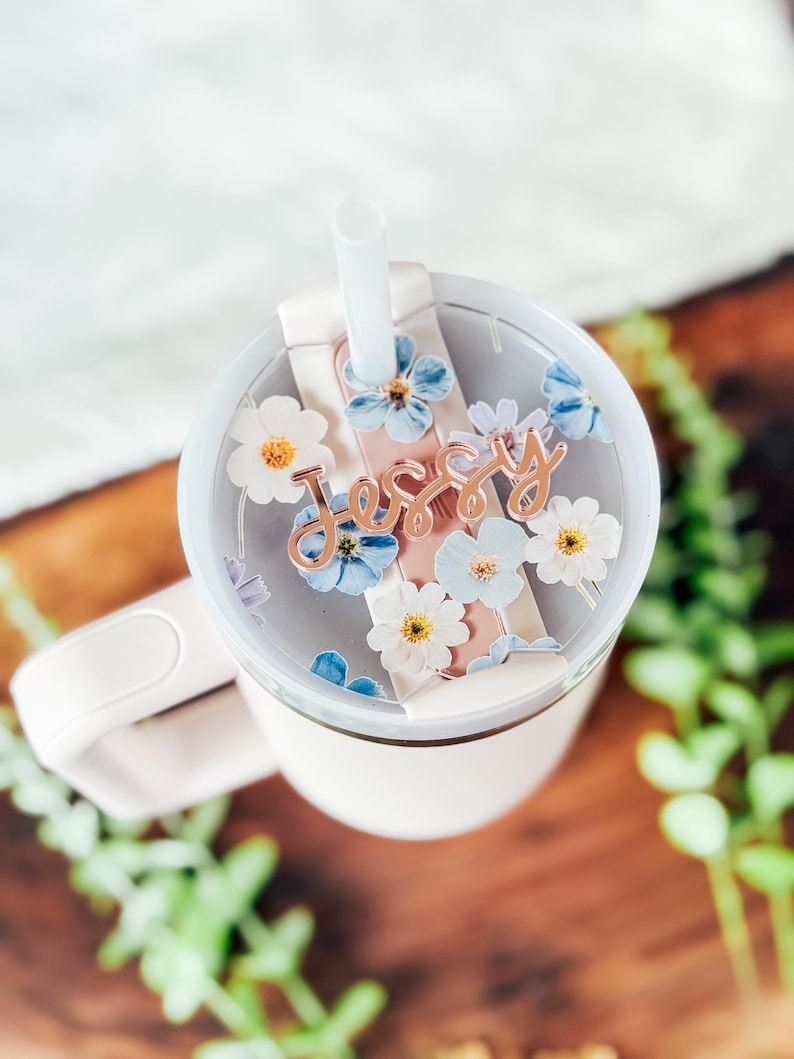 Pressed Flowers Stanley Tumbler Topper | Custom Stanley Tumbler Name Plate | Stanley Tumbler Topper Name Tag
