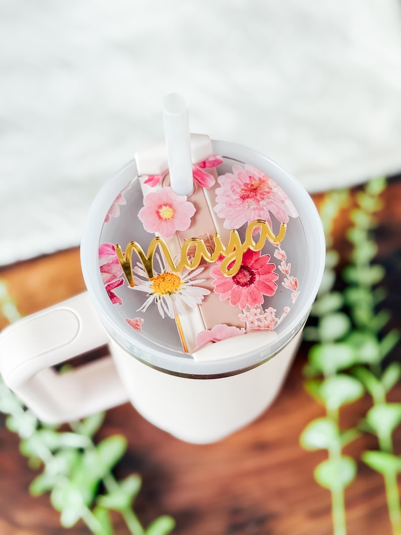 Pressed Flowers Stanley Tumbler Topper | Custom Stanley Tumbler Name Plate | Stanley Tumbler Topper Name Tag