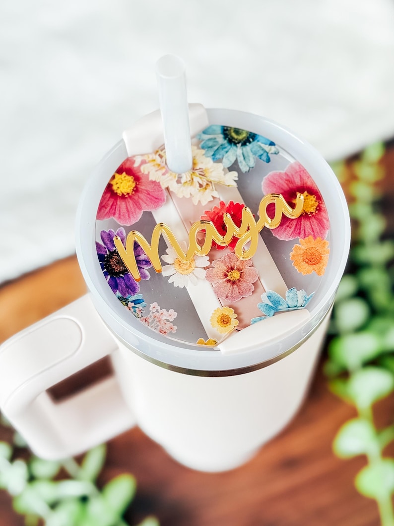 Pressed Flowers Stanley Tumbler Topper | Custom Stanley Tumbler Name Plate | Stanley Tumbler Topper Name Tag
