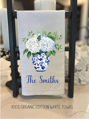 Personalized Hydrangeas In Blue Chinoiserie Vase Tea Dish Hand Kitchen Towel, Floral Kitchen Towel Decor Gift, Hostess Housewarming Gift