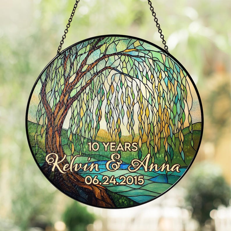 Personalized Wedding Anniversary Suncatcher, 10 Year Willow Tree Stained Glass Gift, Custom Couple Gift for Husband Wife, 9th Anniversary