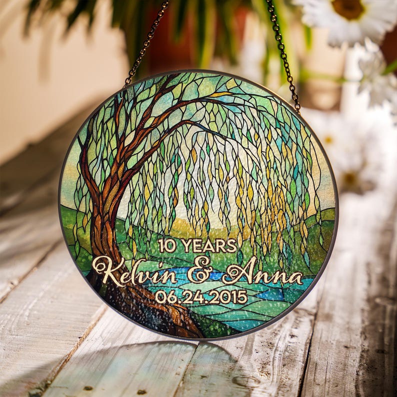Personalized Wedding Anniversary Suncatcher, 10 Year Willow Tree Stained Glass Gift, Custom Couple Gift for Husband Wife, 9th Anniversary
