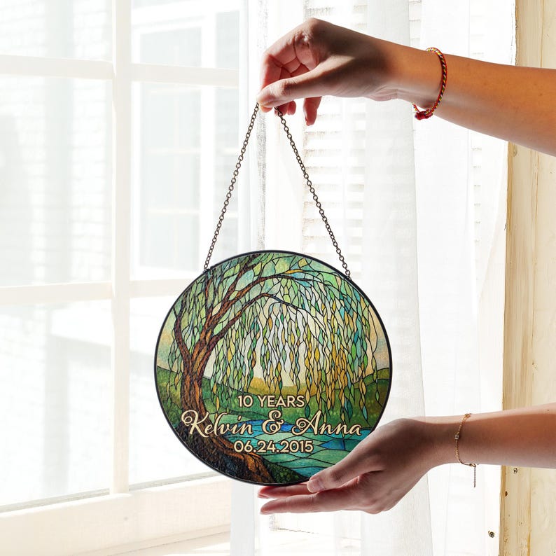 Personalized Wedding Anniversary Suncatcher, 10 Year Willow Tree Stained Glass Gift, Custom Couple Gift for Husband Wife, 9th Anniversary