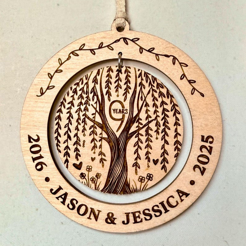 9th Anniversary Gift Ornament Willow Anniversary Ornament Wooden Custom Laser Cut Ornament Gift for Husband or Wife