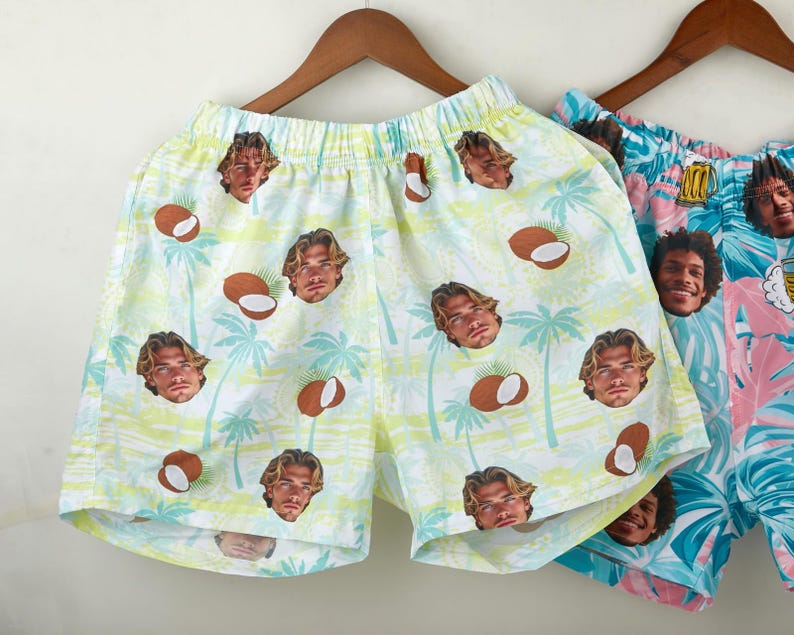 Custom Photo Beach Shorts, Funny Swim Trunks,Flamingo Beach Short, Personalized Men Swim Trunks, For Husband/Dad/Boyfriend/Boy