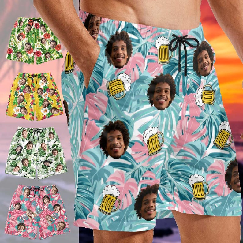 Custom Photo Beach Shorts, Funny Swim Trunks,Flamingo Beach Short, Personalized Men Swim Trunks, For Husband/Dad/Boyfriend/Boy