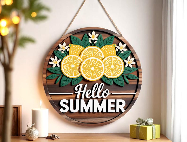 Hello Summer Door Hanger, Front Door Decor, Front Door Sign, Hello Summer Lemon Door Sign, Lemon Slice Door Hanger, Lemon Laser Cut Wood