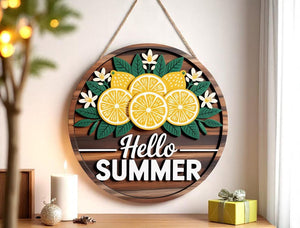 Hello Summer Door Hanger, Front Door Decor, Front Door Sign, Hello Summer Lemon Door Sign, Lemon Slice Door Hanger, Lemon Laser Cut Wood