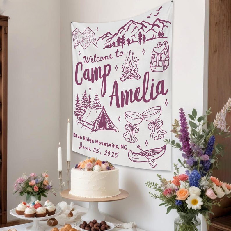 Custom Camp Bachelorette Party Tapestry, Camping Bachelorette Trip Banner, Forest Bridal Shower Tapestry,Bachelorette Weekend Photo Backdrop
