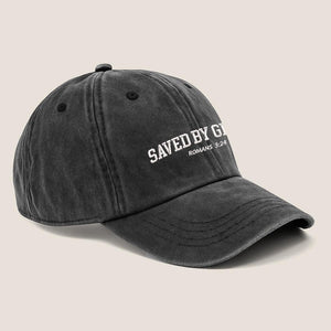 Saved By Grace Romans 3:24 Embroidered Hat Washed Black Christian Cap With Bible Verse Faith-Based Gift For Believers, Men, Women, Teens