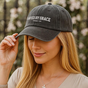 Saved By Grace Romans 3:24 Embroidered Hat Washed Black Christian Cap With Bible Verse Faith-Based Gift For Believers, Men, Women, Teens