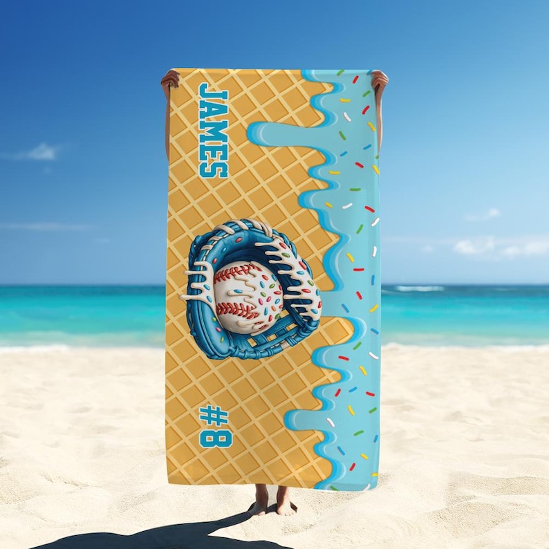 Custom Drip Baseball Beach Towel For Boys, Personalized Ice Cream Drip Boys Baseball Towel With Waffle Print, Baseball Drip Pool Towel Gift