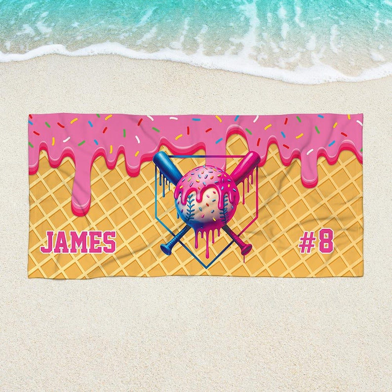 Custom Drip Baseball Beach Towel For Boys, Personalized Ice Cream Drip Boys Baseball Towel With Waffle Print, Baseball Drip Pool Towel Gift