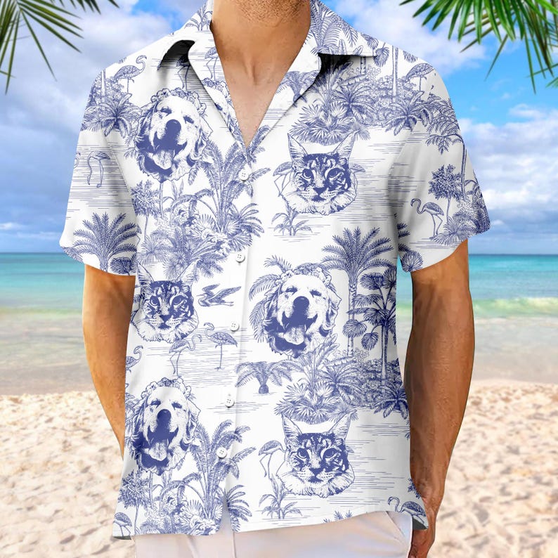 Custom Pet Photos Hawaiian Shirt For Man, Woman, Dog Lovers Toile De Jouy Style Custom Dog Cat Hawaiian Shirt, Personalized Hawaiian Shirt