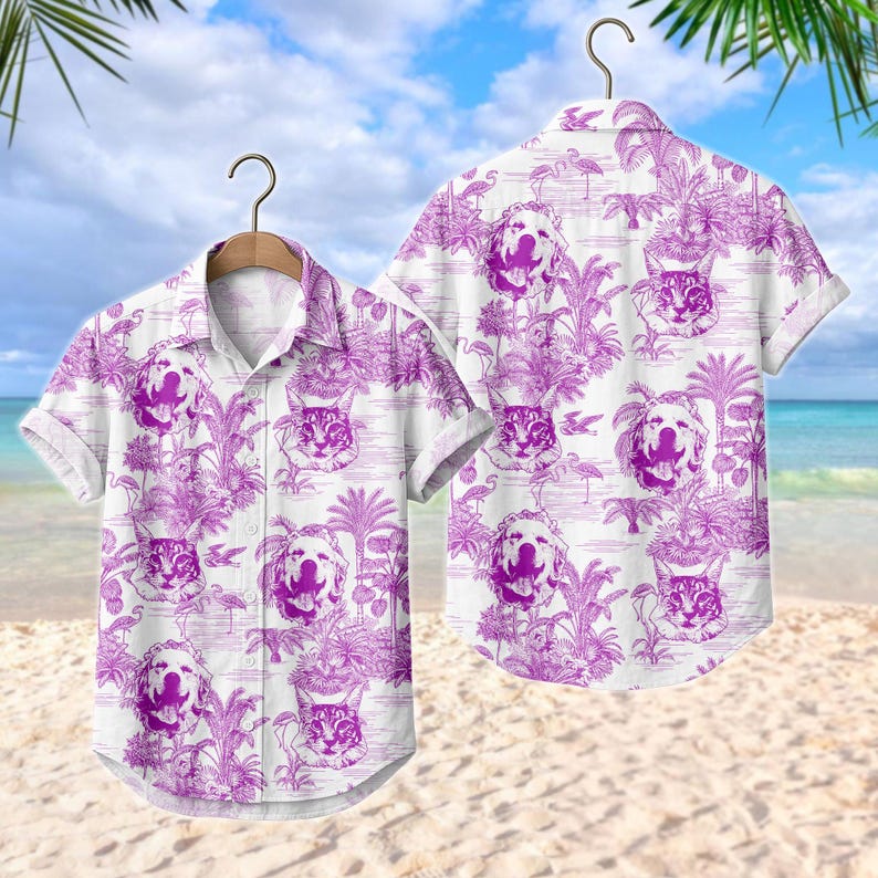 Custom Pet Photos Hawaiian Shirt For Man, Woman, Dog Lovers Toile De Jouy Style Custom Dog Cat Hawaiian Shirt, Personalized Hawaiian Shirt