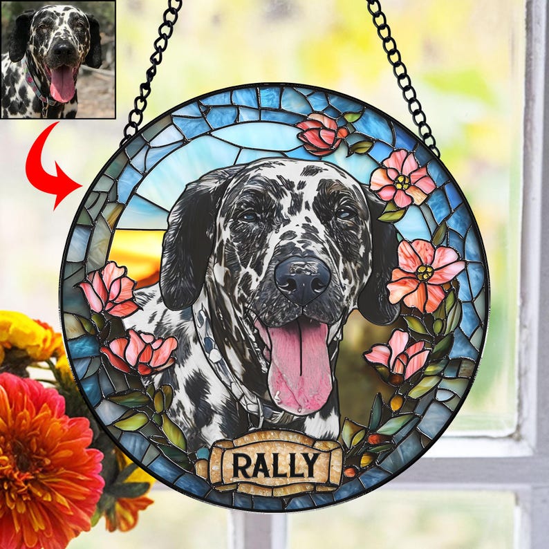 Custom Pet Portrait Stained Glass Suncatcher, Stained Glass Dog Memorial, Custom Dog Portrait from Photo, Pet Memorial Gift, Window hangings