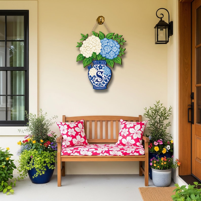 Hydrangea Chinoiserie Vase Monogram Door Hanger | Blue and White Floral Front Door Decor | Personalized Spring Summer Door Sign