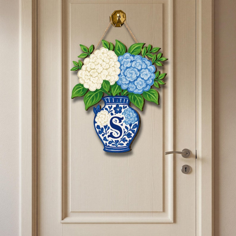 Hydrangea Chinoiserie Vase Monogram Door Hanger | Blue and White Floral Front Door Decor | Personalized Spring Summer Door Sign