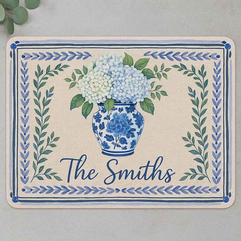 Personalized Blue Floral Doormat | Hydrangea Welcome Mat | Custom Family Name Rug | Chinoiserie Door Mat Decor