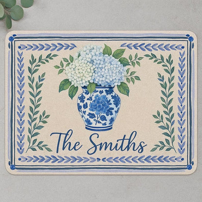 Personalized Blue Floral Doormat | Hydrangea Welcome Mat | Custom Family Name Rug | Chinoiserie Door Mat Decor