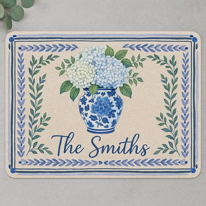 Personalized Blue Floral Doormat | Hydrangea Welcome Mat | Custom Family Name Rug | Chinoiserie Door Mat Decor