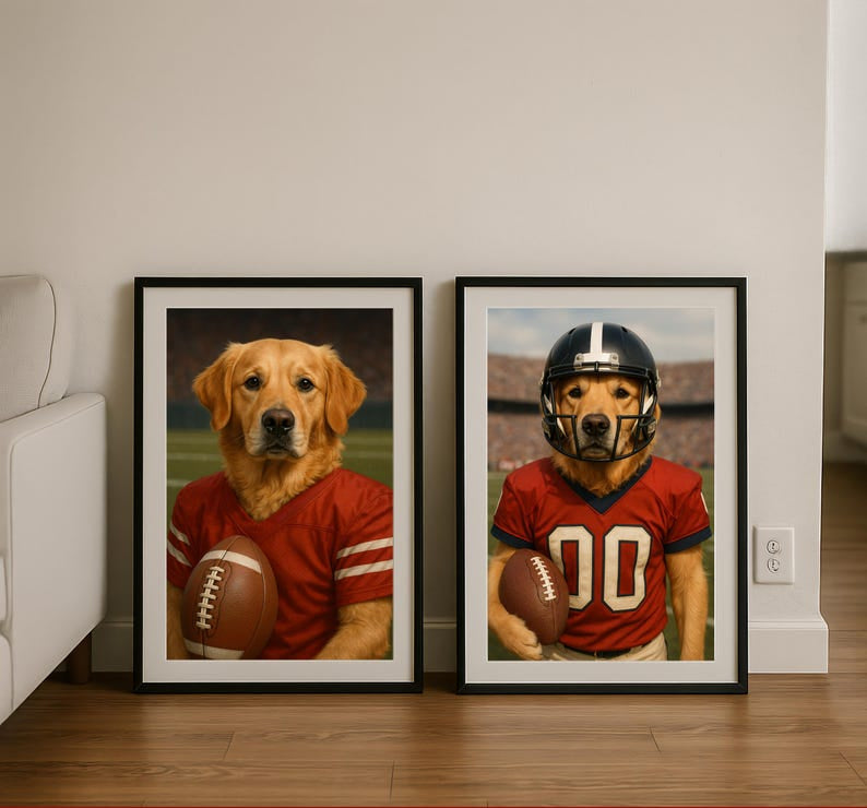 Custom American Football Pet Portrait with Team Jersey | Personalized Digital Pet Art for Dog or Cat | Funny Football Pet Gift Artwork