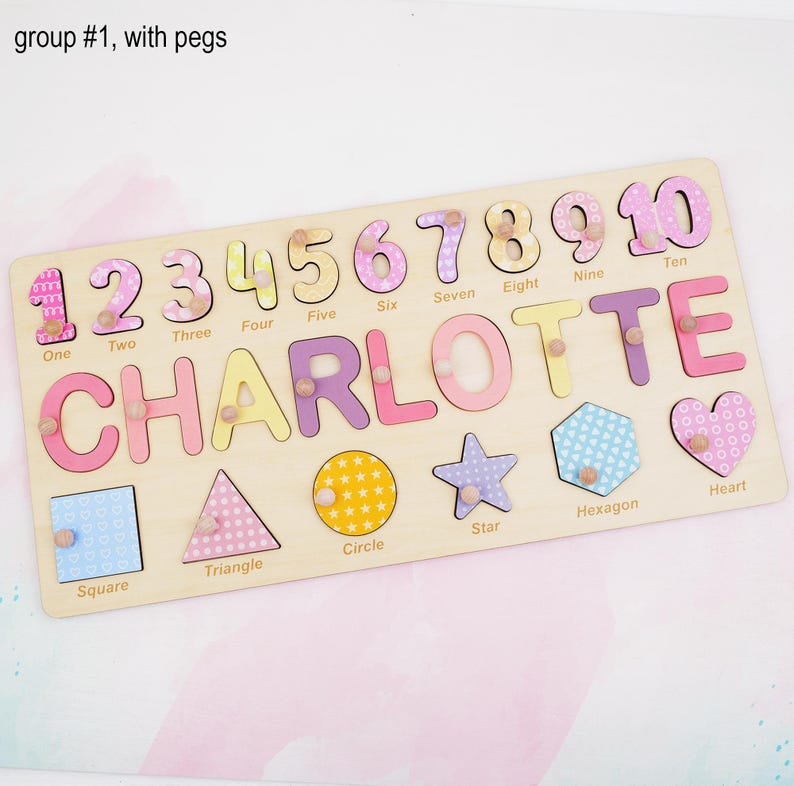 Personalized Wooden Name Puzzle Gift for Boys & Girls, Custom Baby Gifts Name Puzzle with Numbers, Geometry Shapes, Free Back Engraving