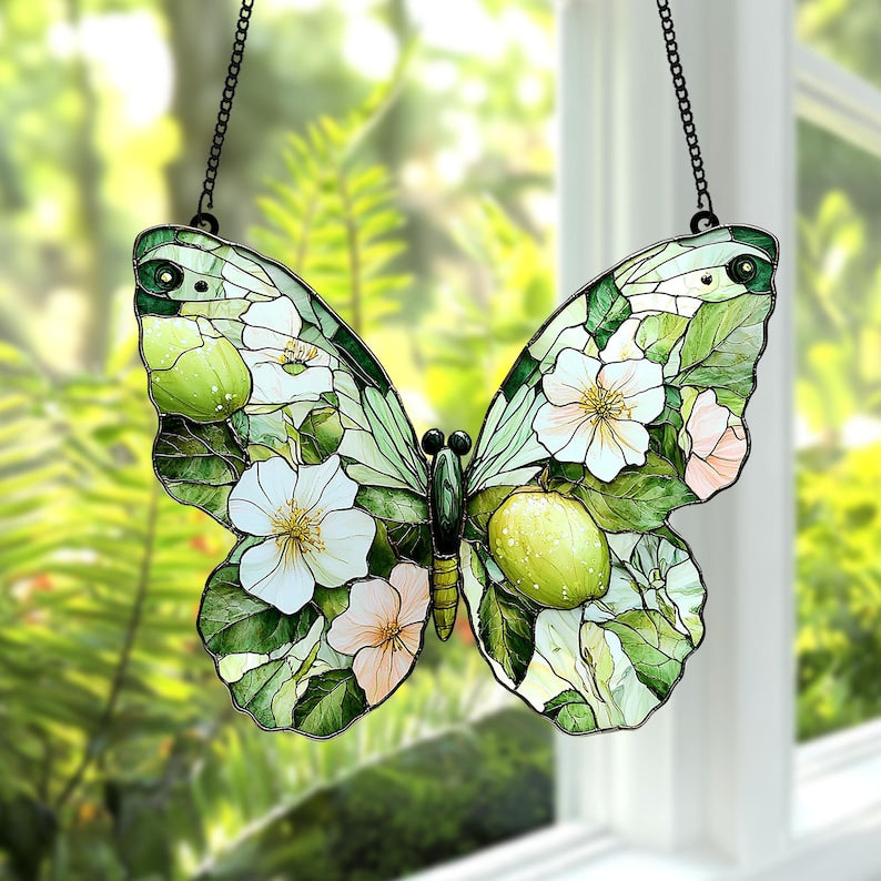 Acrylic Spring Butterfly with Flowers, Faux Stained Glass Floral Butterfly Suncatcher, Nature Lover s Window Decor for Mom
