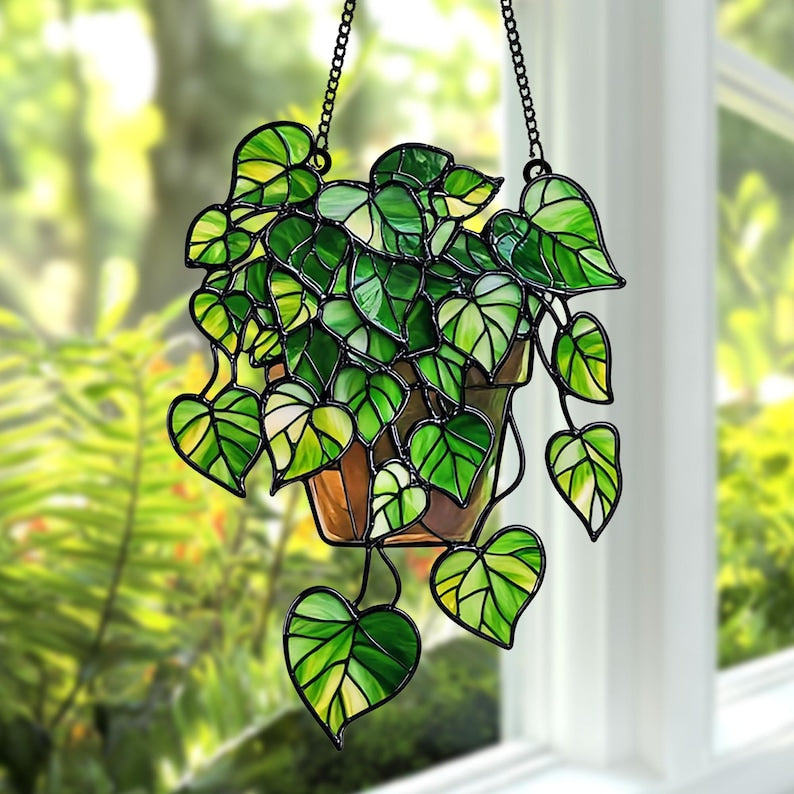 Pothos Plant Acrylic Suncatcher - Faux Stained Glass Window Hanging for Plant Lovers, Botanical Theme Home Art Decor, Garden Hanging
