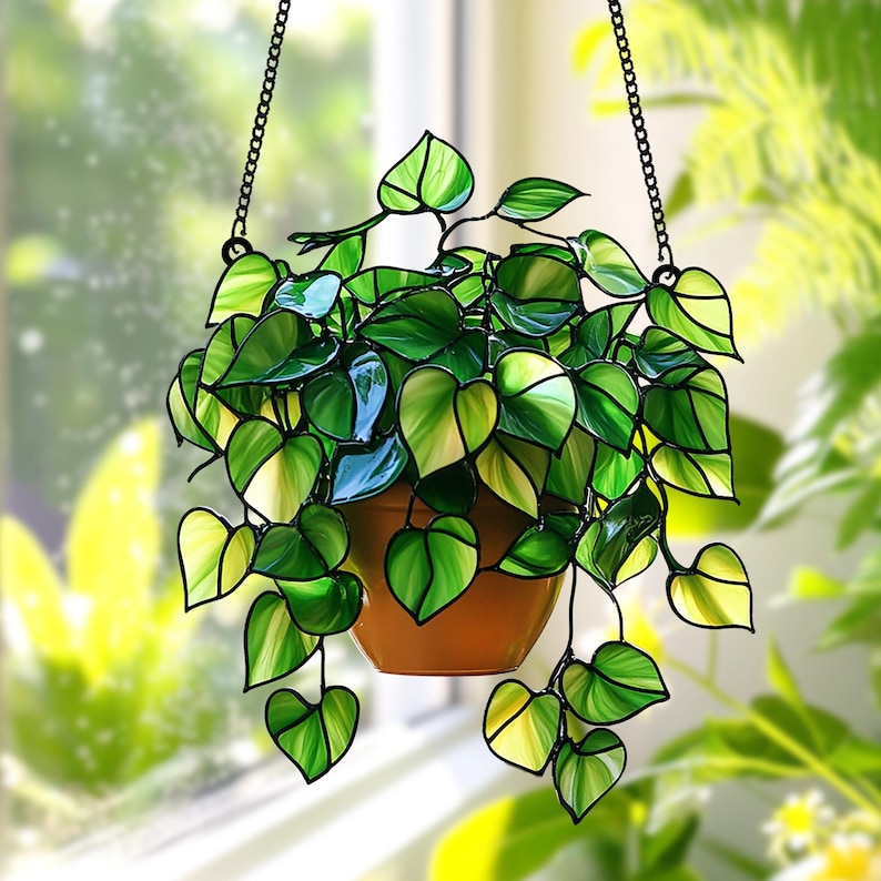 best faux hanging plants Pothos Plant Acrylic Suncatcher - Faux Acrylic Window Hanging for Plant Lovers, Botanical Theme Home Art Decor, Garden Hanging