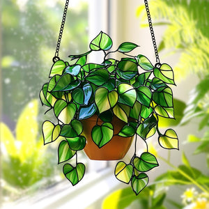 faux pothos hanging plant Pothos Plant Acrylic Suncatcher - Faux Acrylic Window Hanging for Plant Lovers, Botanical Theme Home Art Decor, Garden Hanging