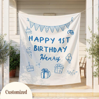 Custom Birthday Banner, Kids Birthday Party Decor Sign, Personalized Birthday Wall Hanging For Boys Bday, Doodle Wall Tapestry For Him