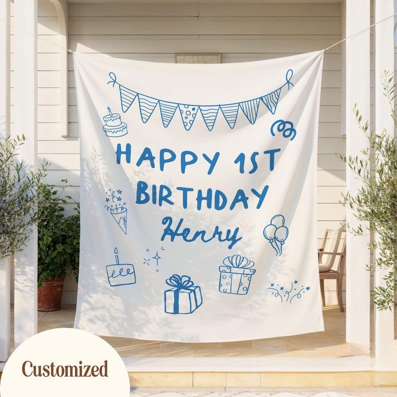 Custom Birthday Banner, Kids Birthday Party Decor Sign, Personalized Birthday Wall Hanging For Boys Bday, Doodle Wall Tapestry For Him